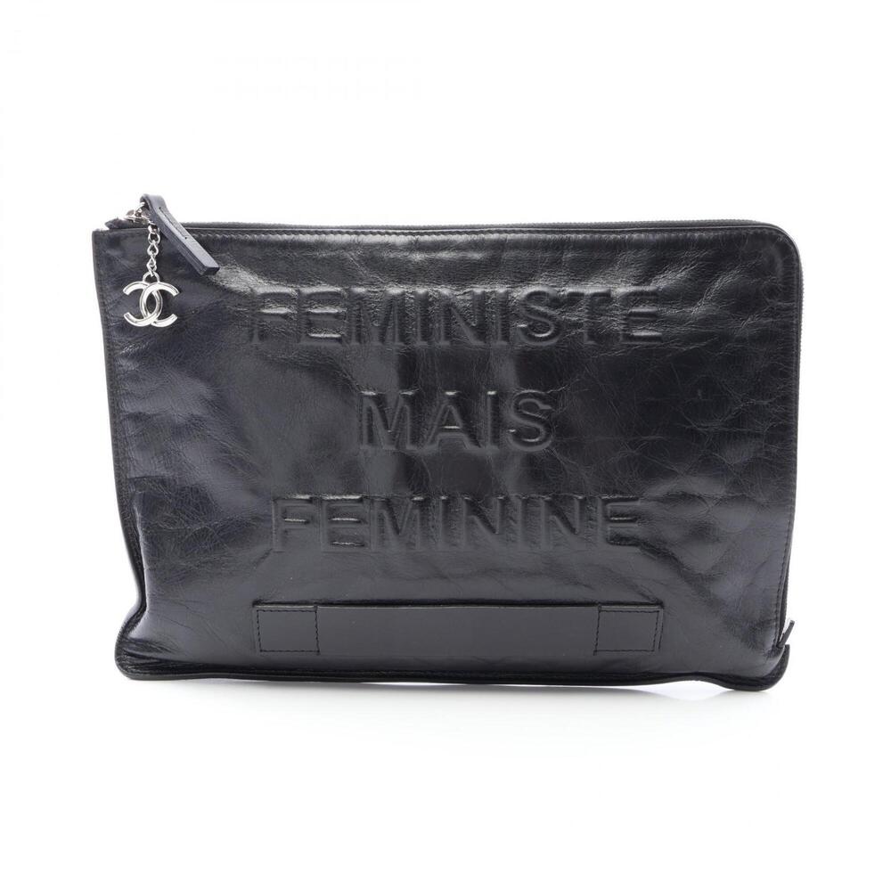Chanel CHANEL Coco Mark Second Bag Clutch Handbag Leather Women's Black